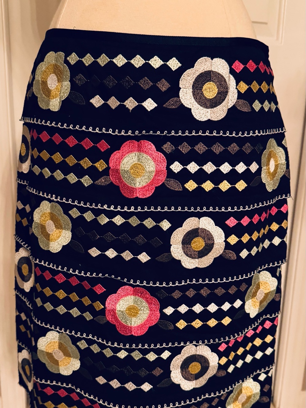 Etcetera Black Pencil Skirt with Pink, White & Gold Floral Embroidery